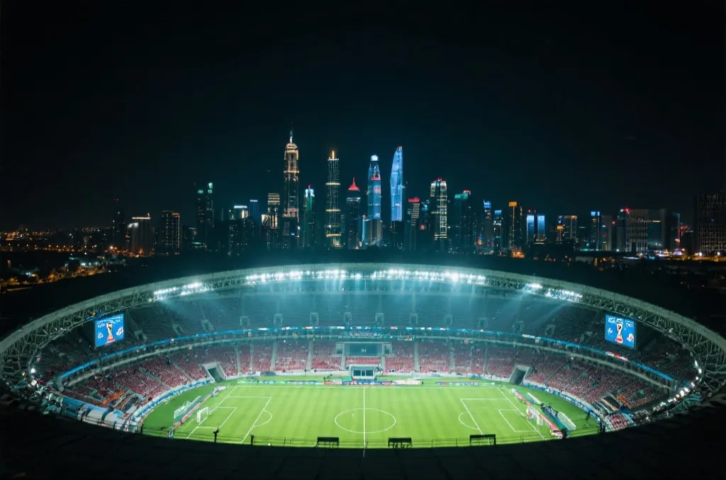 世界杯赛场与城市夜景交织的氛围画面